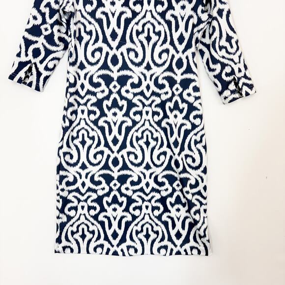 Gretchen Scott Jersey Ruffneck Dress Navy & White Arabesque Pattern Womens Small - Picture 8 of 12